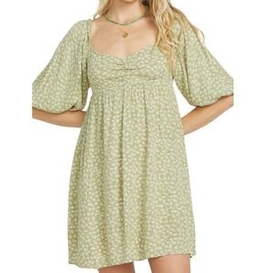 NWT Billabong Ray of Sun Floral Puff Sleeve Mini Dress XS Avocado Green Boho Y2K